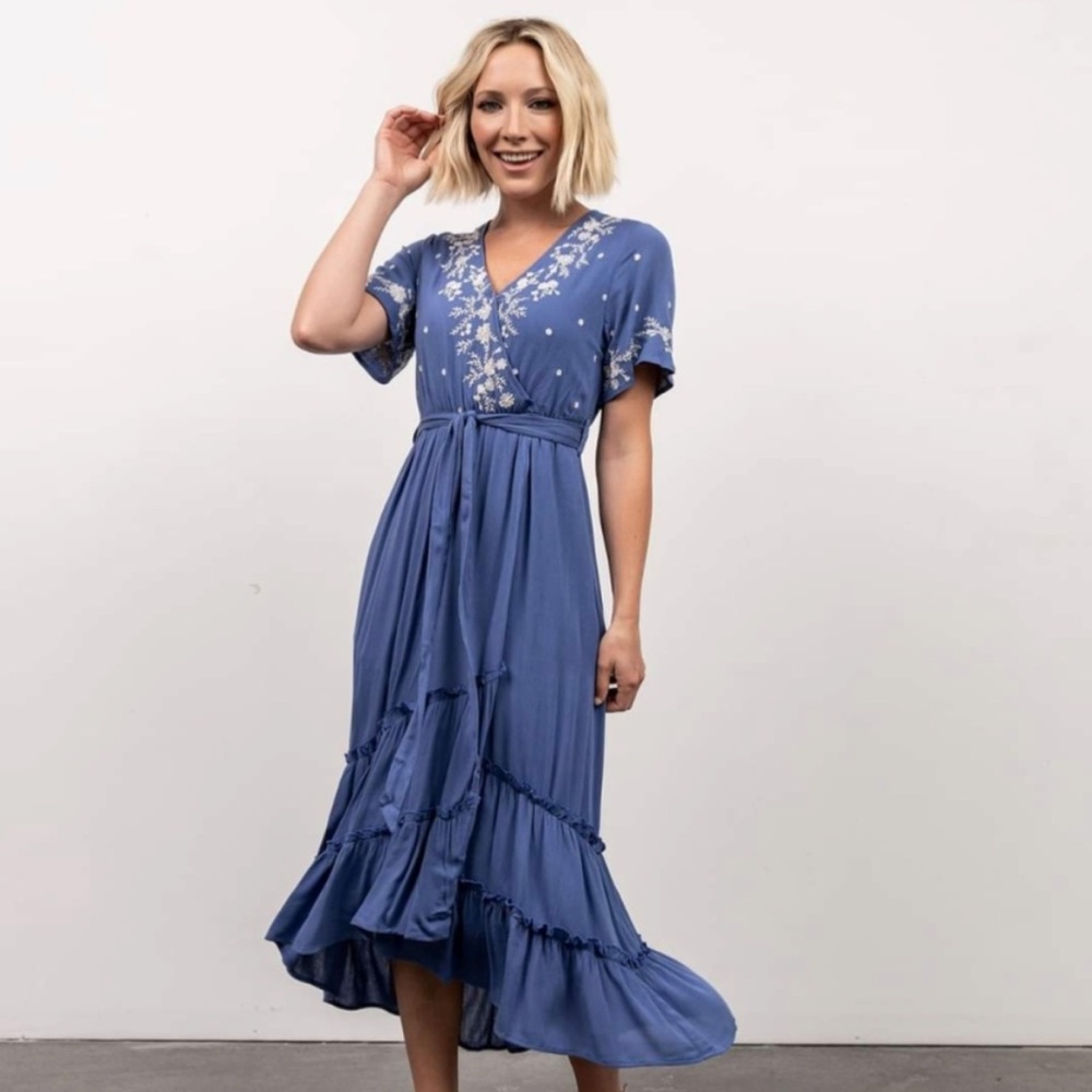 Baltic Born Macey Tie Waist Embroidered Midi Dress Blue Medium